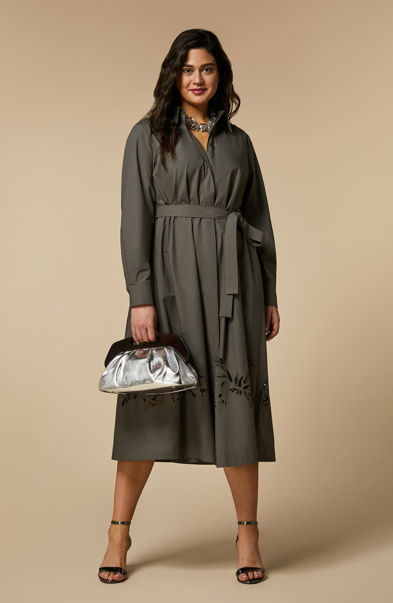 Marina Rinaldi Embroidered Belted Long Sleeve Cotton Poplin Shirtdress, Alternate, color, Khaki
