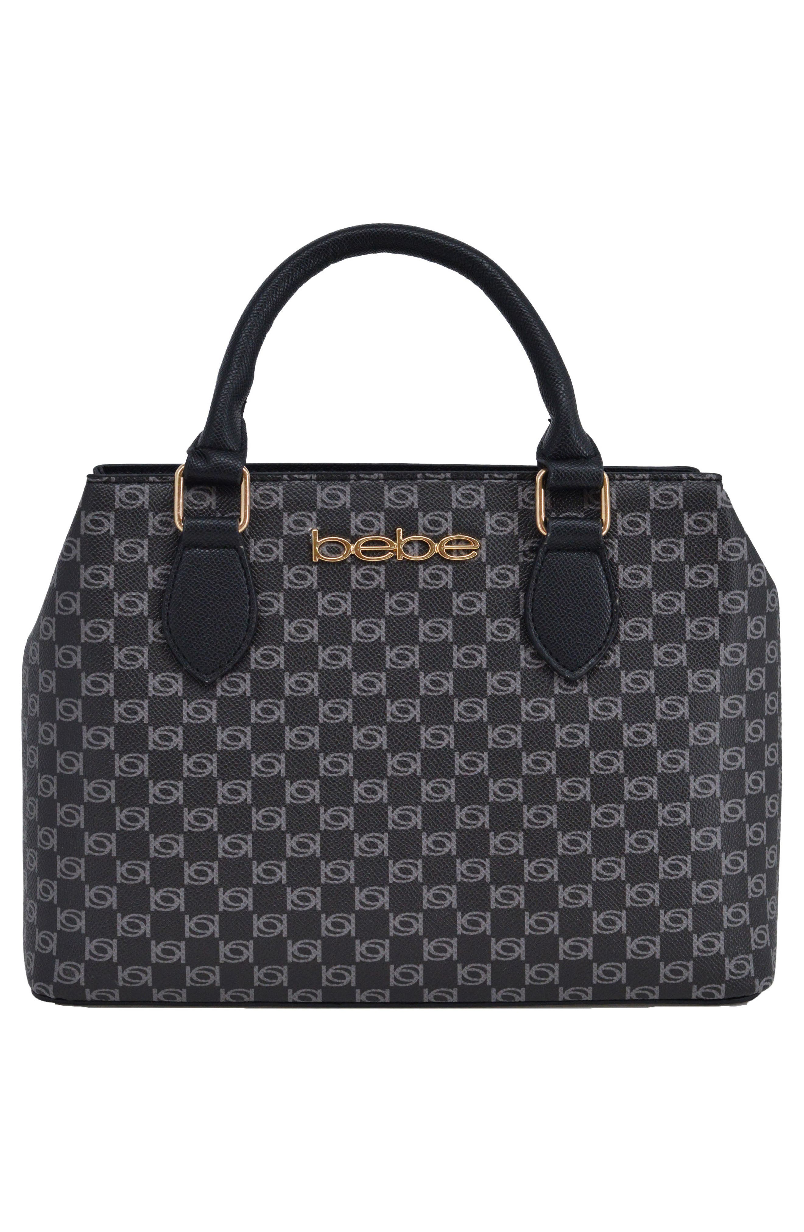 bebe Adela Small Monogram Satchel with Wallet, Alternate, color, Black