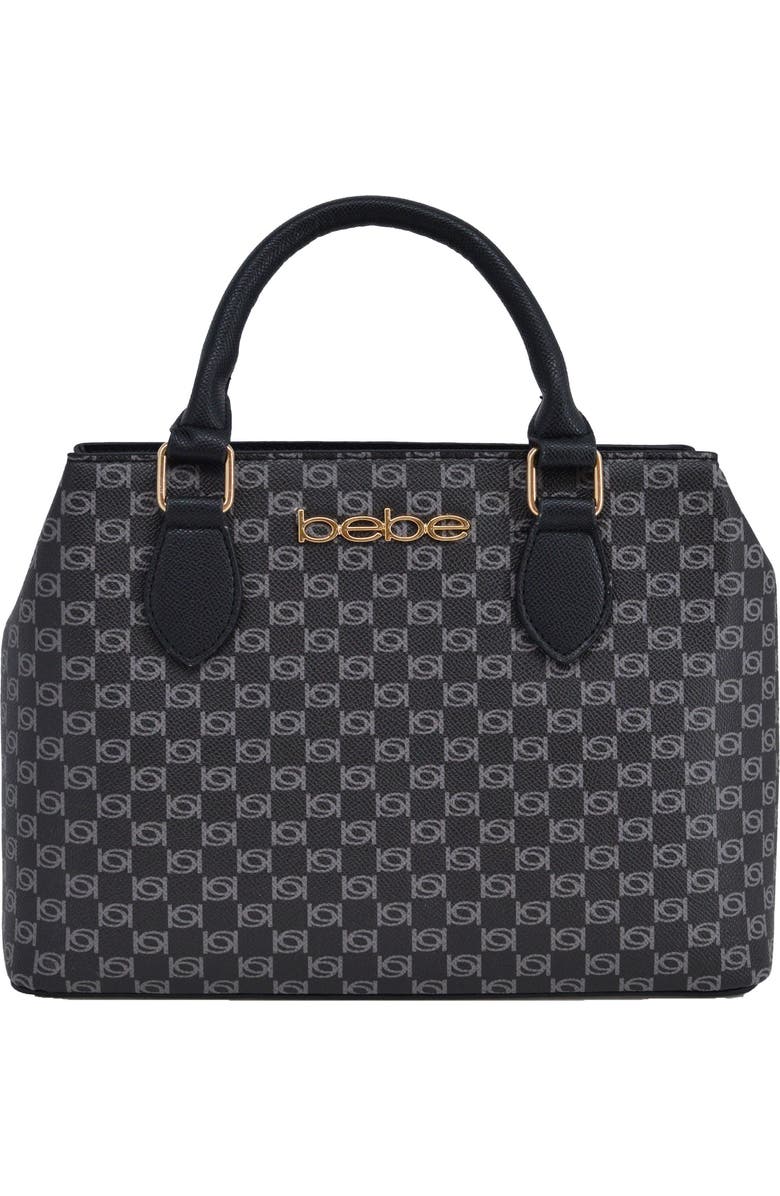 bebe Adela Small Monogram Satchel with Wallet, Alternate, color, Black