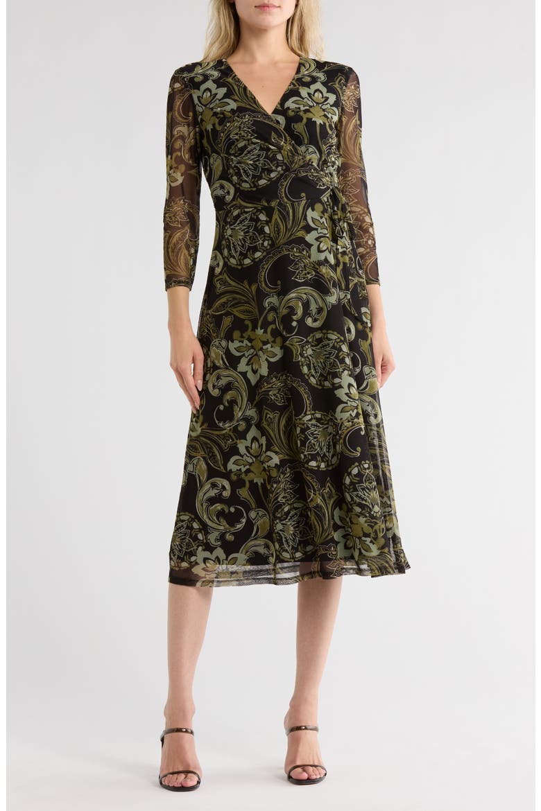 Floral Long Sleeve Faux Wrap Mesh Maxi Dress, Main, color, OLIVE