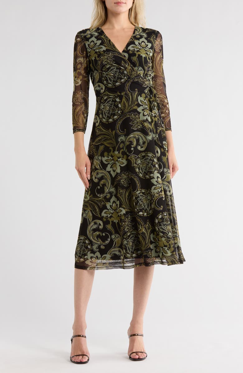 Connected Apparel Floral Long Sleeve Faux Wrap Mesh Maxi Dress, Main, color, Olive