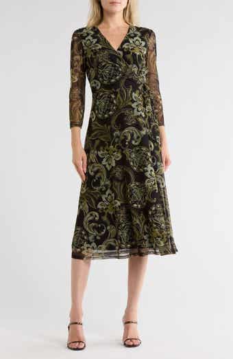 Connected Apparel Floral Long Sleeve Faux Wrap Mesh Maxi Dress