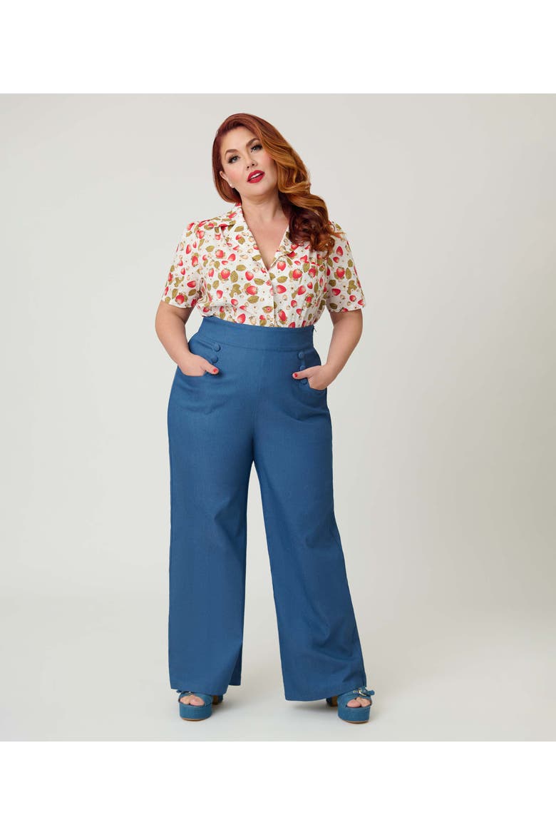 Plus Size 1940s Ginger Wide Leg Pants, Main, color, Blue Chambray