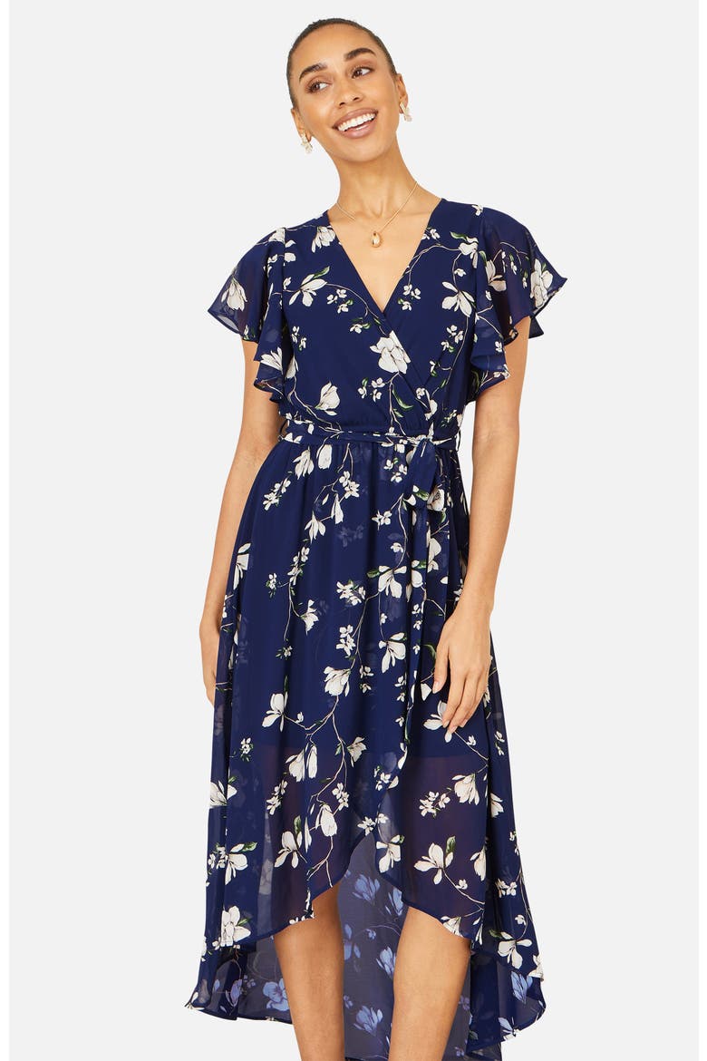 Floral Frill Hem Wrap Midi Dress, Main, color, Navy