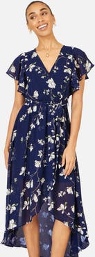 Yumi Floral Frill Hem Wrap Midi Dress