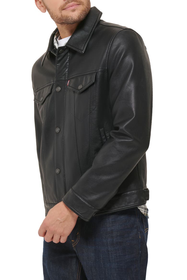 Faux Leather Trucker Jacket, Alternate, color, BLACK