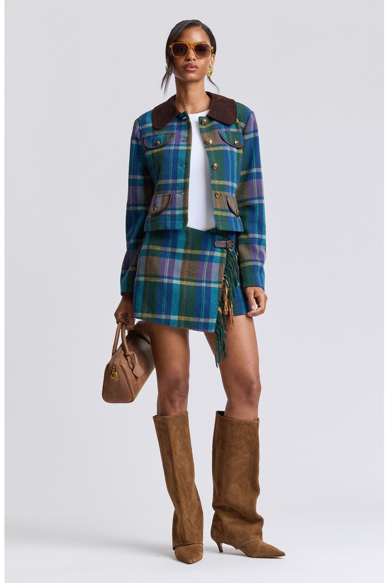 Plaid Jacket with Faux Leather Trim, Alternate, color, GREEN MULTI