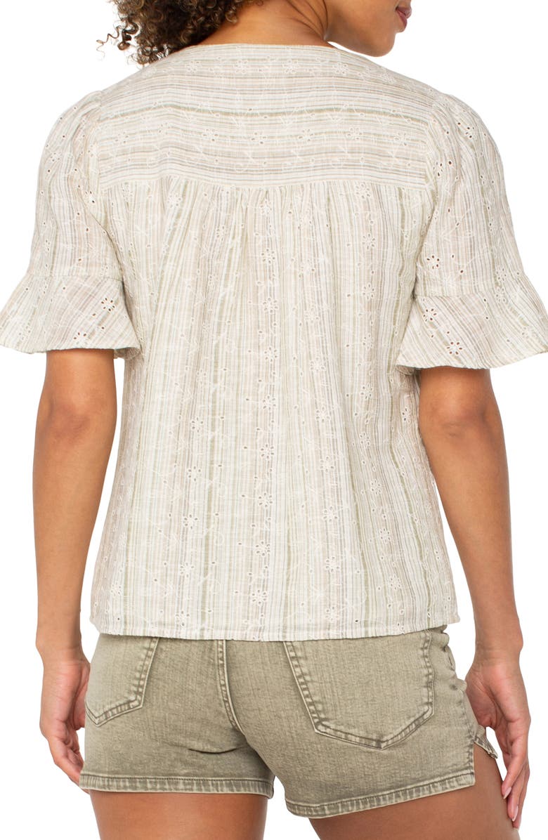 Liverpool Los Angeles Stripe Eyelet Short Sleeve Button-Up Shirt, Alternate, color, Green/Tan Stripe