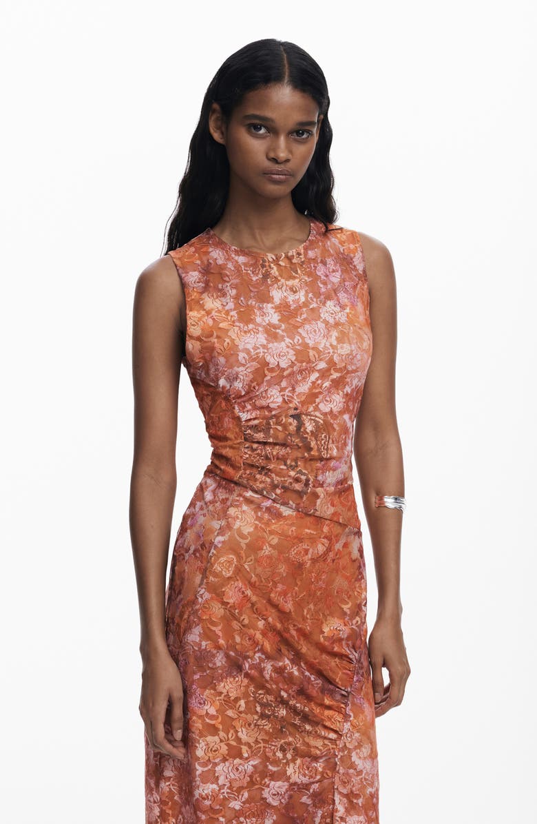 Desigual Floral Sleeveless Midi Dress, Alternate, color, Brown