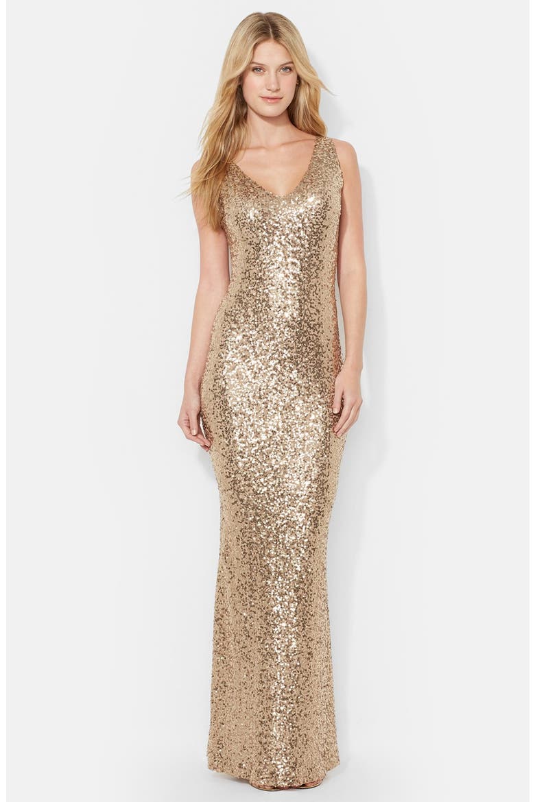 Sequin V-Neck Gown, Main, color, WHITE SAND SHINE