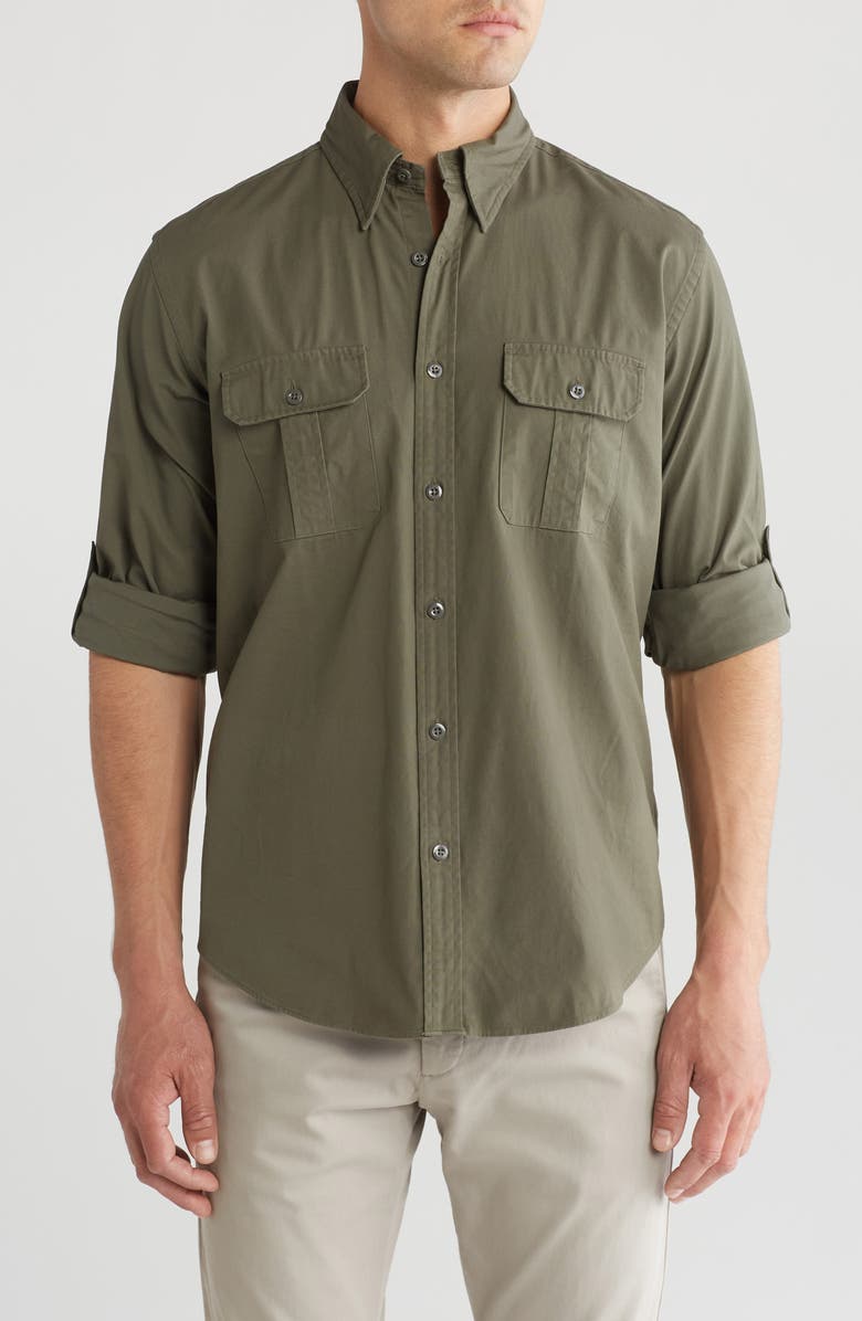 Brooks Brothers Canvas Safari Regular Fit Button-Down Shirt, Main, color, Dark Green
