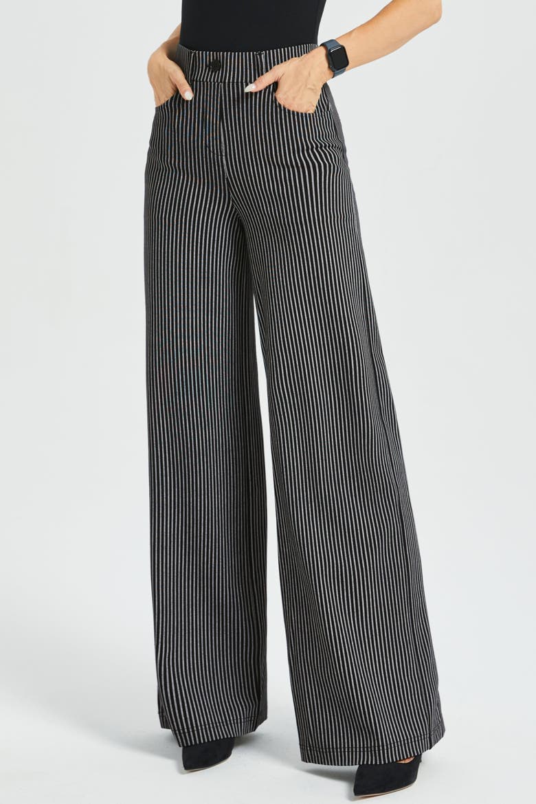 7 Pocket High Waist DPYP Dress Pant Yoga Pants Wide Leg, Main, color, Black Beige Pinstripe