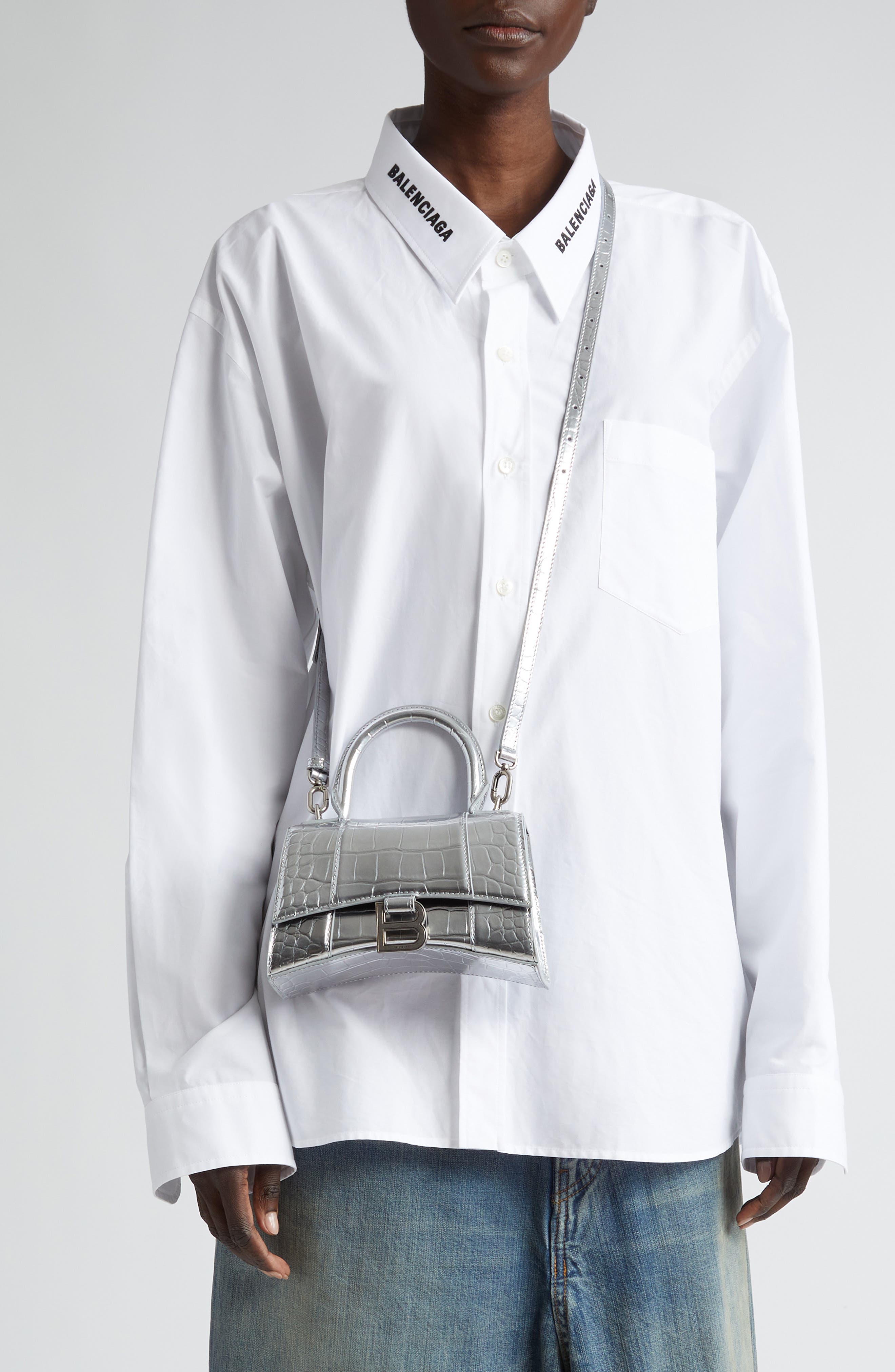 Balenciaga Extra Small Hourglass Croc Embossed Metallic Leather Top Handle Bag, Alternate, color, 