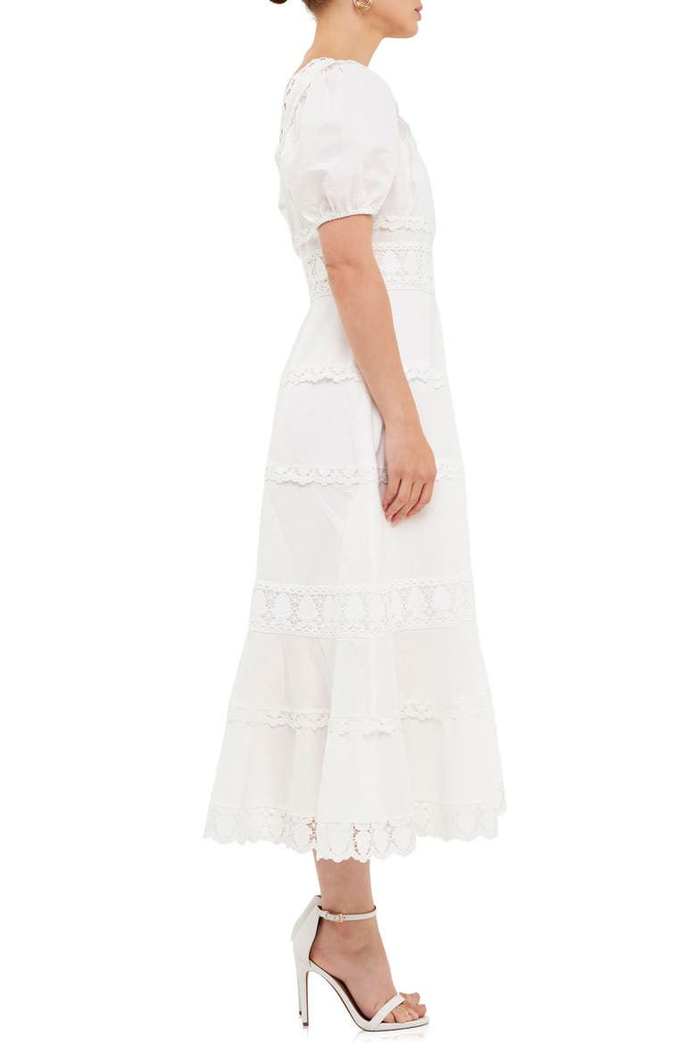 Lace Trim Tiered Cotton & Linen Midi Dress, Alternate, color, WHITE