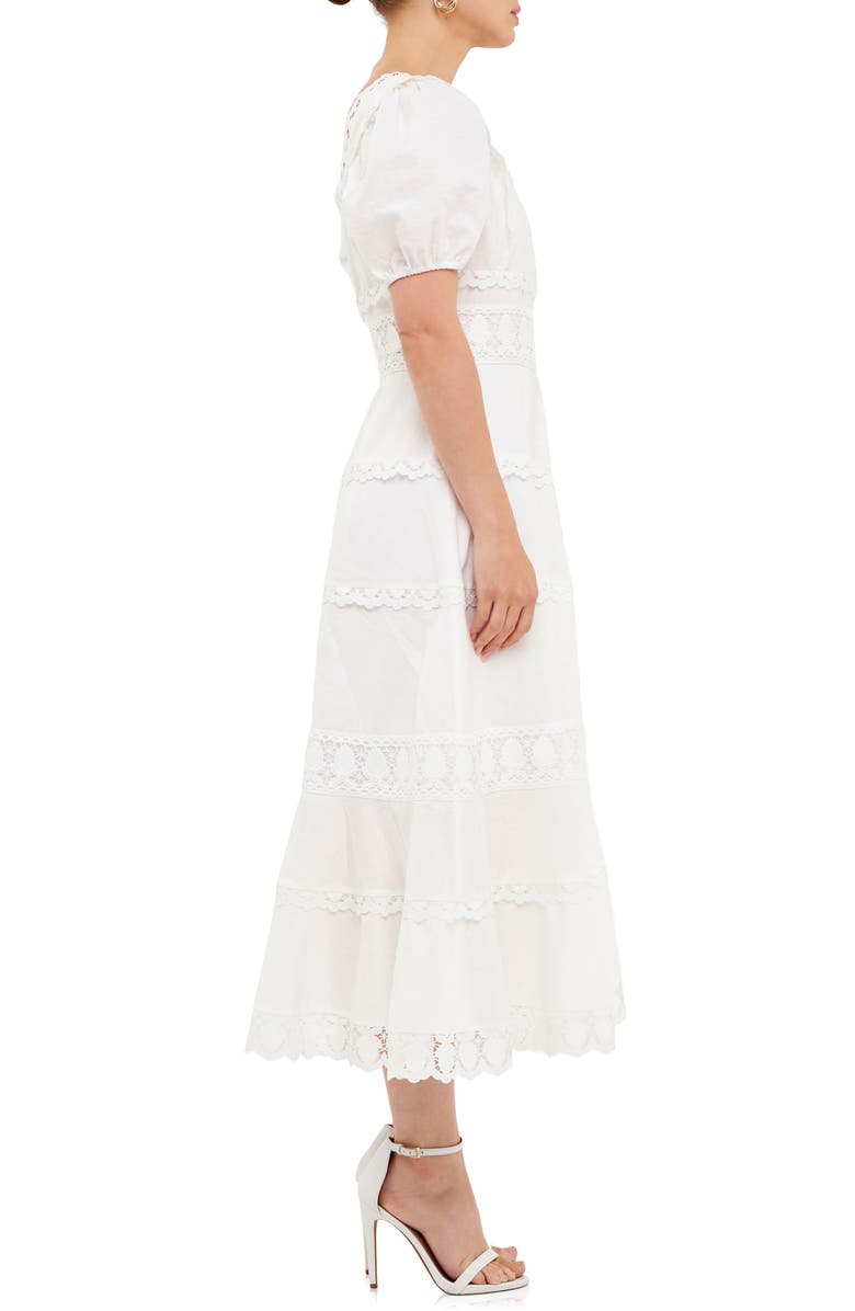 Endless Rose Lace Trim Tiered Cotton & Linen Midi Dress, Alternate, color,