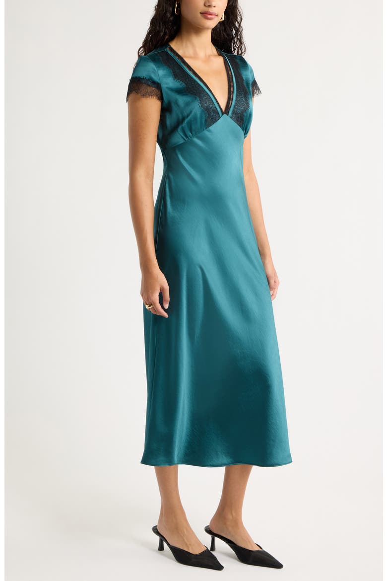 Lace Trim Satin Dress, Alternate, color, TEAL MARINA