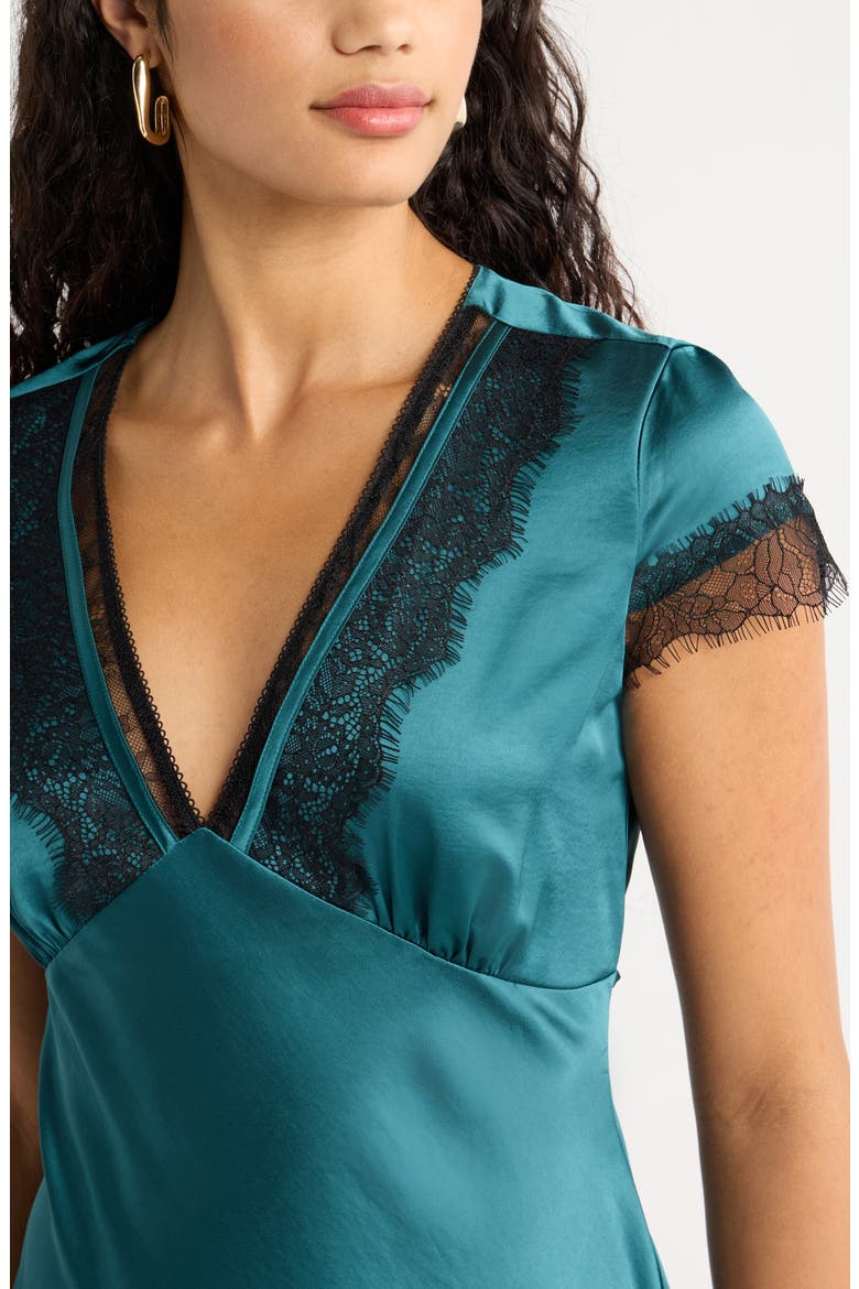 Lace Trim Satin Dress, Alternate, color, TEAL MARINA