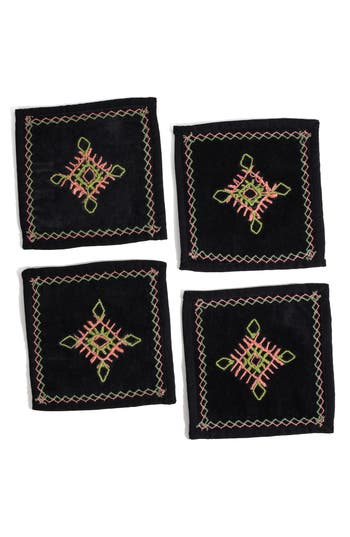 Tiramisu Embroidered Set Of 4 Cocktail Napkins In Black