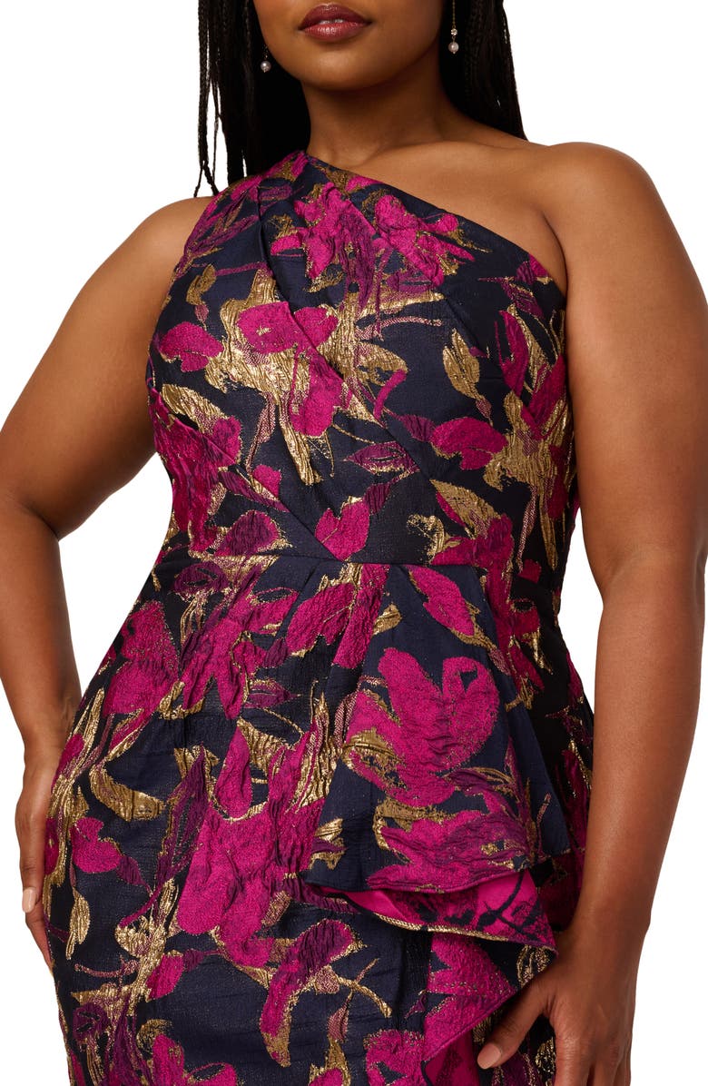 Adrianna Papell Metallic Floral Jacquard Mermaid Gown, Alternate, color, Navy/ Pink