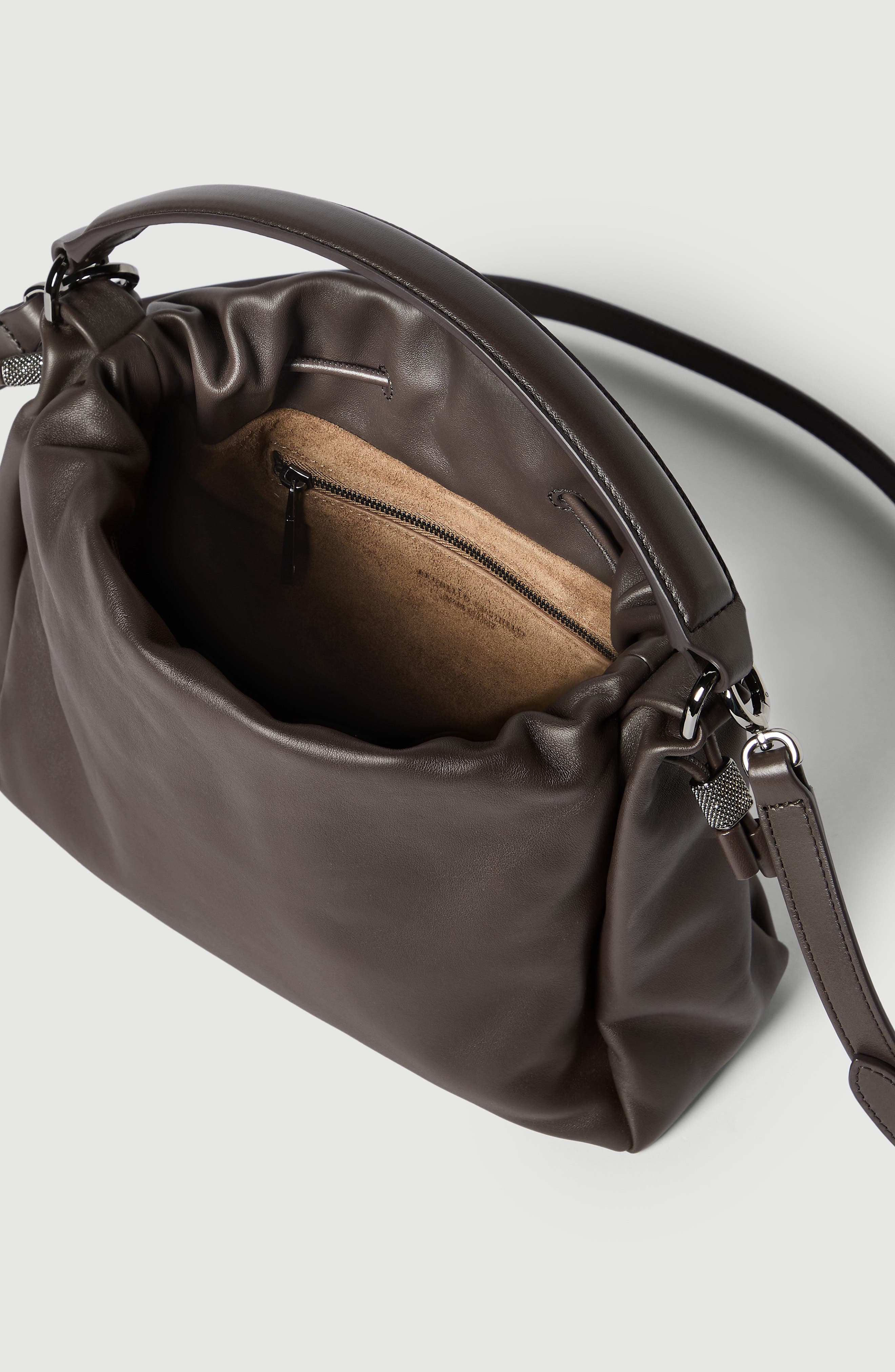 Mellow small bucket bag in soft leather with monili, Alternate, color, Rust Brown