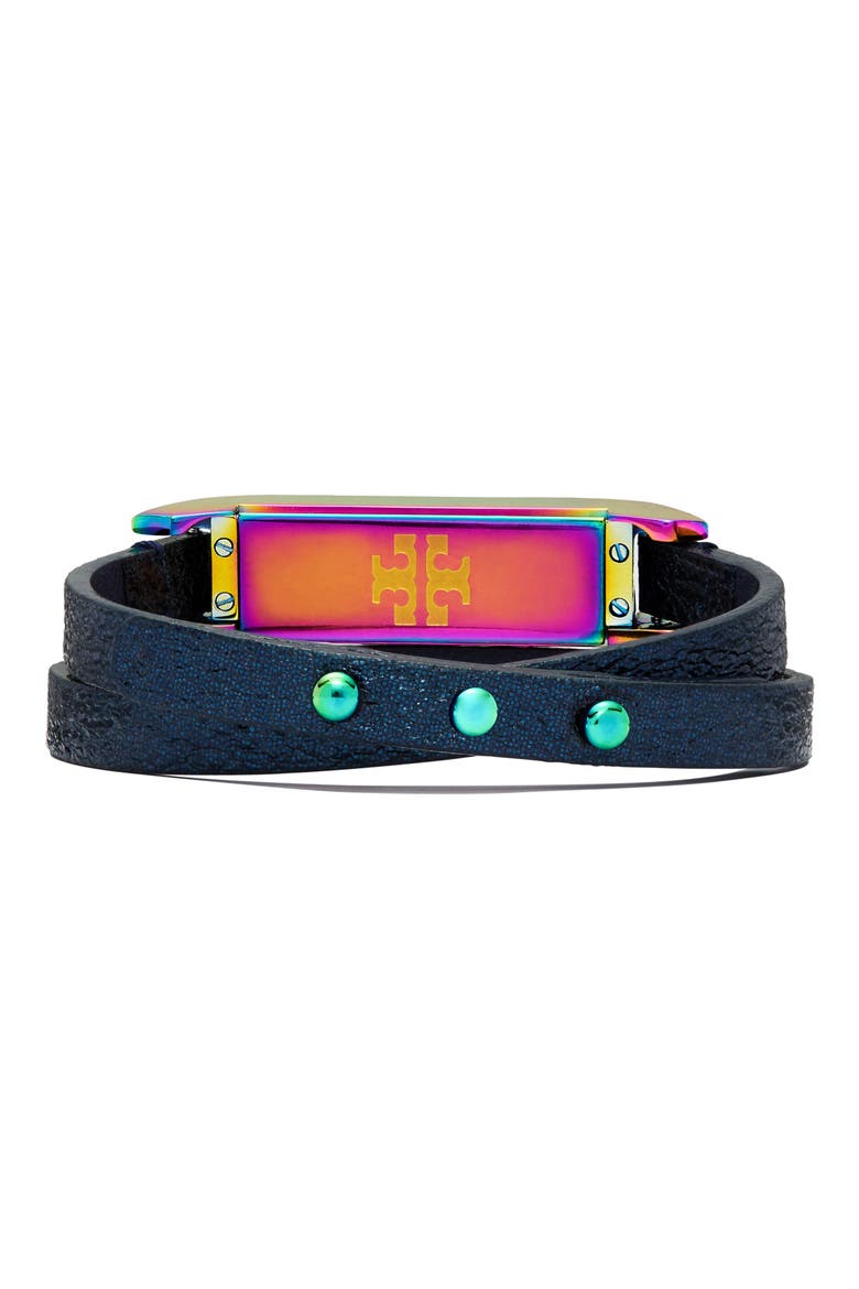for Fitbit® Leather Wrap Bracelet, Alternate, color, NAVY / IRIDESCENT