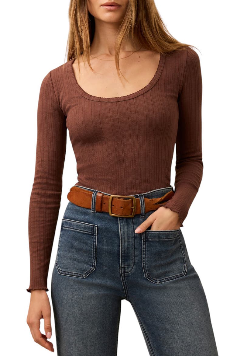 Paradise Pointelle Organic Cotton Blend Long Sleeve T-Shirt, Main, color, CHOCOLATE BROWN