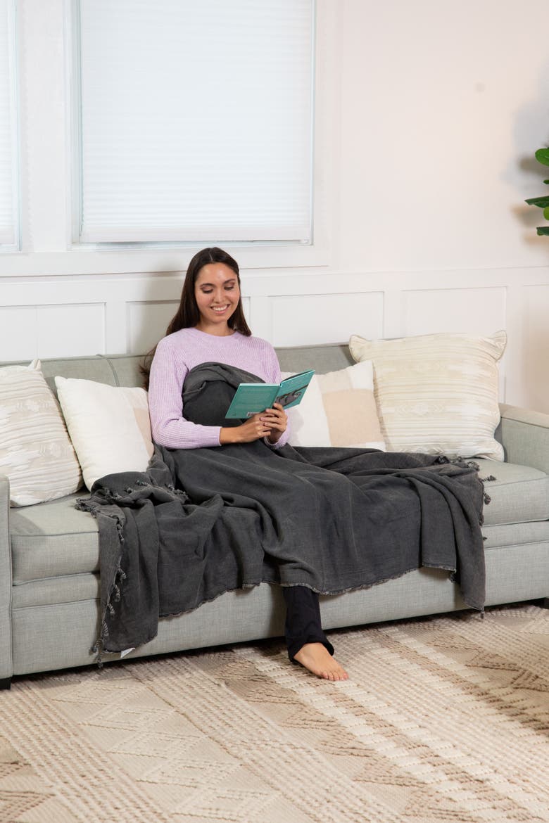 Stonewashed Organic Small Turkish Throw Blanket, Alternate, color, Faded Black