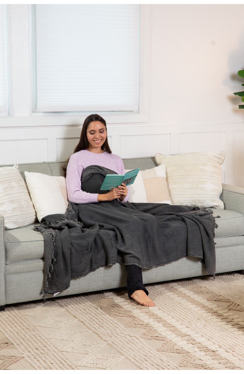 InfuseZen Stonewashed Organic Small Turkish Throw Blanket, Alternate, color, Faded Black