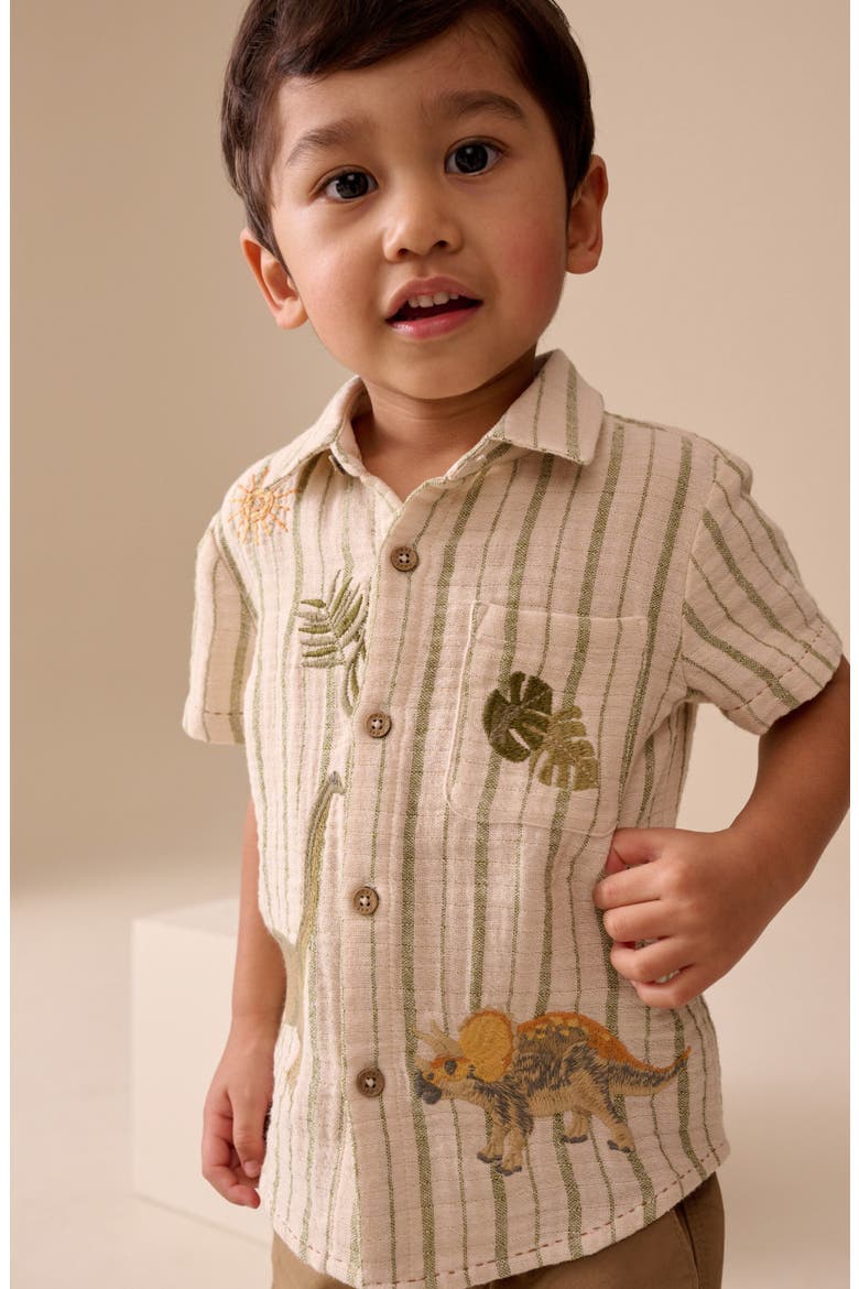 Kids' Dino Embroidered Stripe Short Sleeve Button-Up Shirt, Alternate, color, NEUTRAL