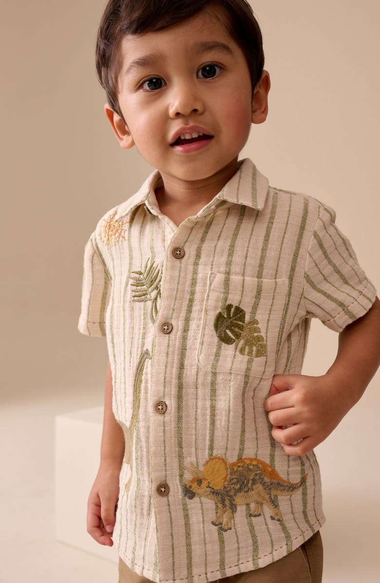 NEXT Kids' Dino Embroidered Stripe Short Sleeve Button-Up Shirt, Alternate, color, Neutral