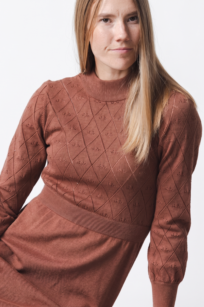 Women's Organic Puff Sleeve Pointelle Sweater Dress, Alternate, color, Cinnamon Heather