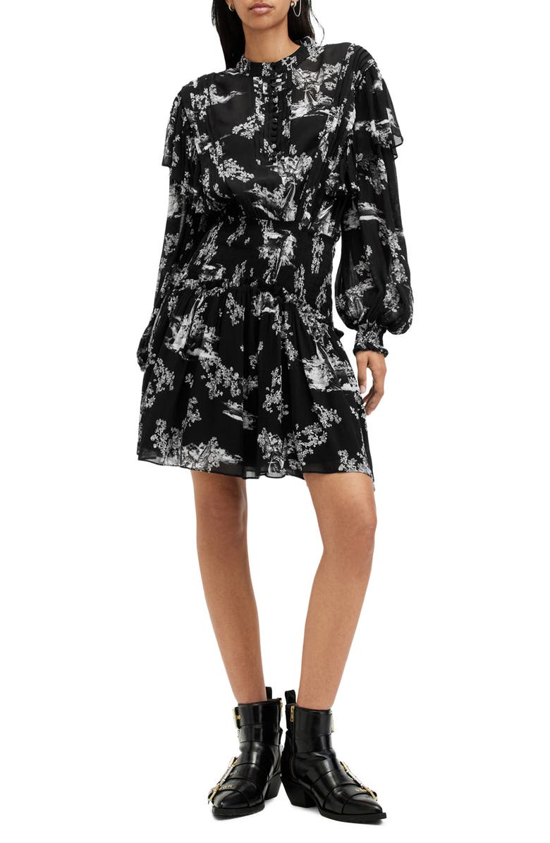 AllSaints Aubrey Pleated Long Sleeve Dress, Main, color, Maria Black