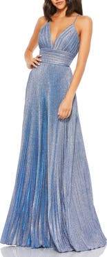 Mac Duggal Shimmer Pleated V-Neck Gown