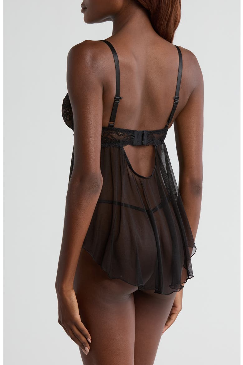 Lace Underwire Babydoll Chemise & G-String Set, Alternate, color, BLACK