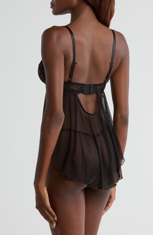 Coquette Lace Underwire Babydoll Chemise & G-string Set In Black
