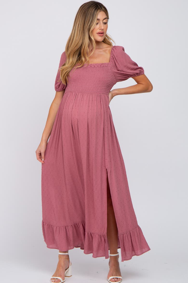 Swiss Dot Square Neck Smocked Maxi Dress, Main, color, Mauve