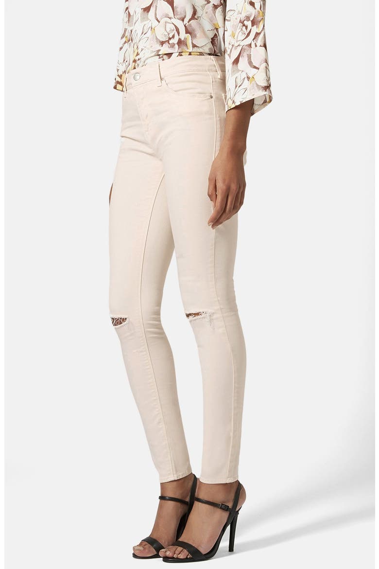 Moto 'Leigh' Ripped Mid Rise Skinny Jeans, Main, color, WHITE