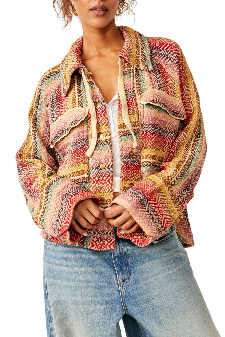 Rainbow Rays Cotton Snap-Up Drawstring Cotton Overshirt, Main, color, SUNSET COMB0