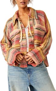 Free People Rainbow Rays Cotton Snap-Up Drawstring Cotton Overshirt
