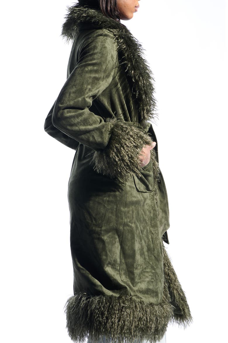 Belted Faux Suede Coat with Faux Fur Trim, Alternate, color, OLIVE