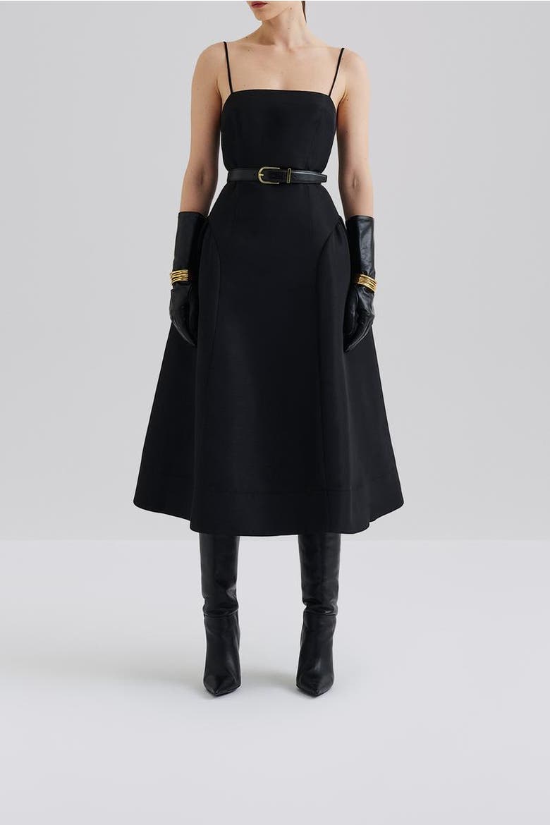 Calista Exaggerated Hip Midi Dress, Alternate, color, Black