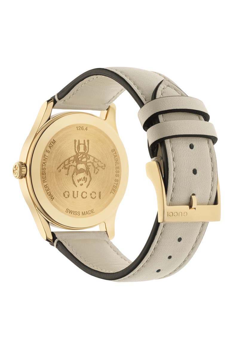 G-Timeless Bee Leather Strap Watch, 38mm, Alternate, color, WHITE/ GREEN/ RED/ GOLD