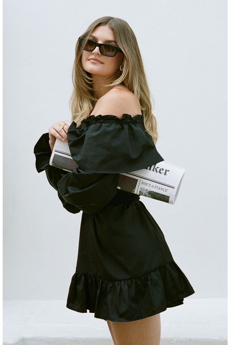 x Sara Walker Jane Off the Shoulder Long Sleeve Taffeta Minidress, Alternate, color, BLACK