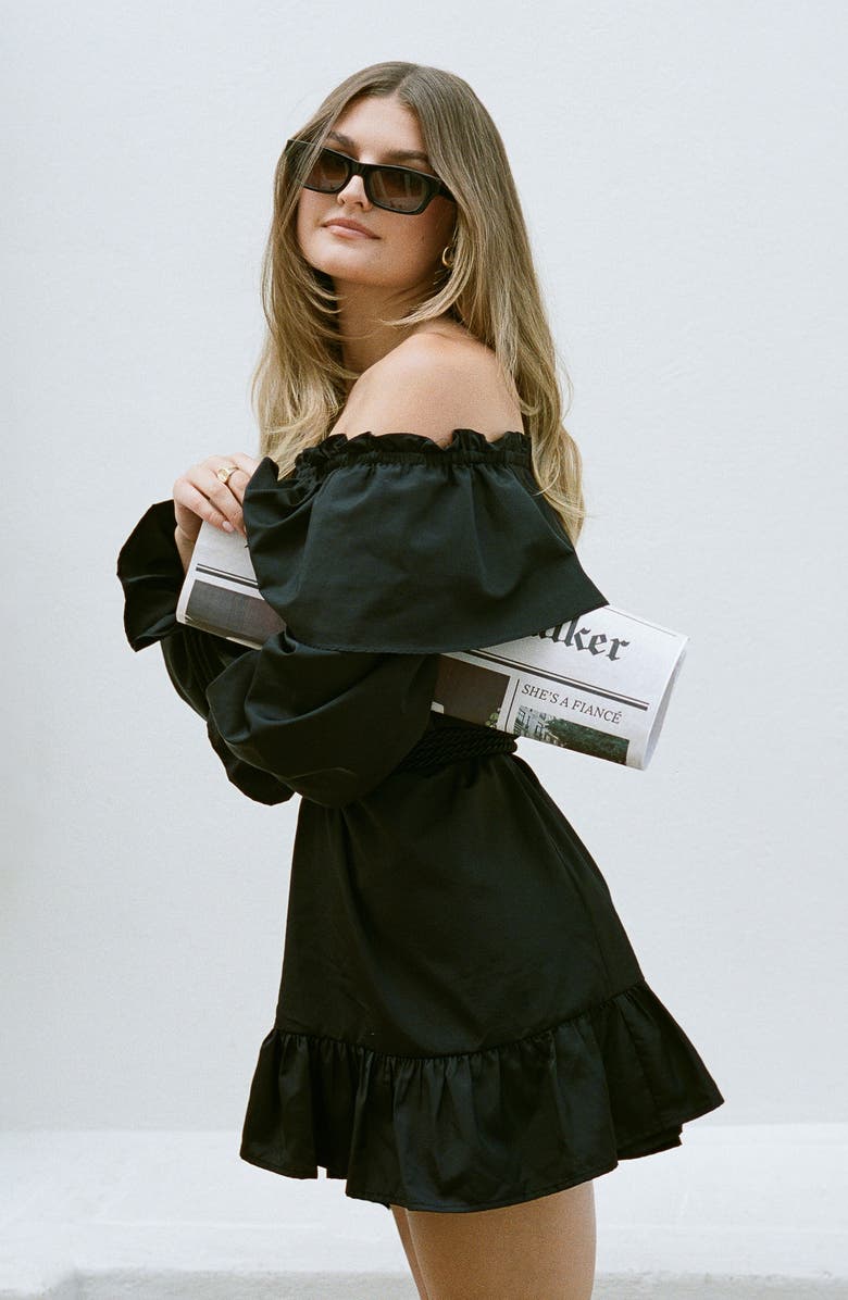 WAYF x Sara Walker Jane Off the Shoulder Long Sleeve Taffeta Minidress, Alternate, color, Black