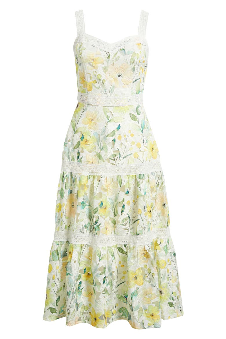 Print Lace Trim Sleeveless Midi Dress, Alternate, color, YELLOW MULTI