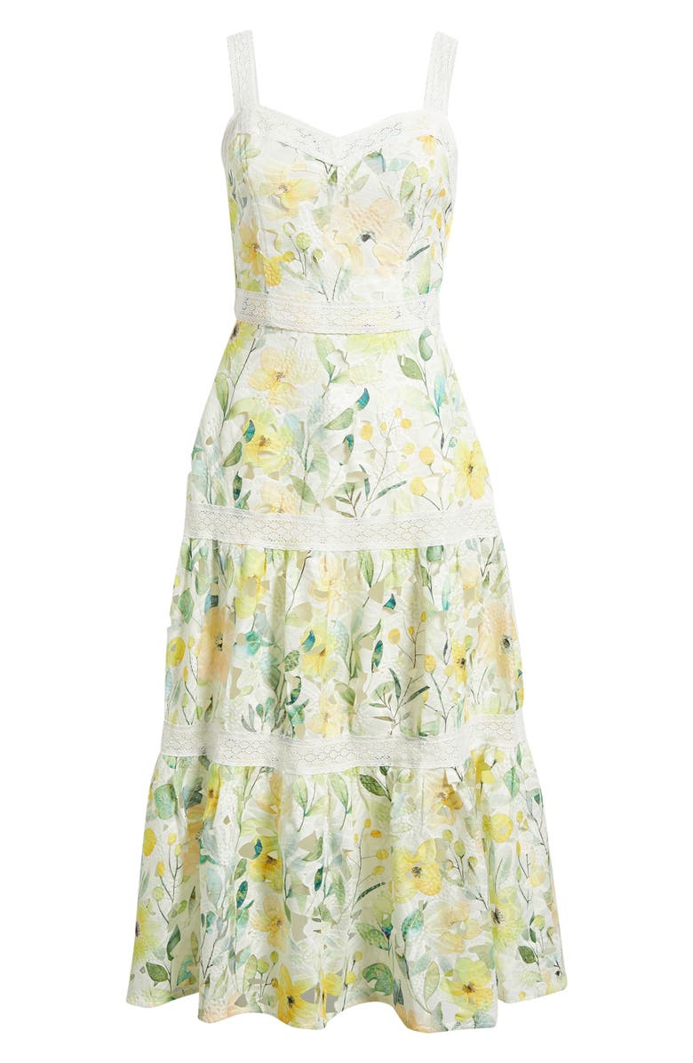 ZOE AND CLAIRE Print Lace Trim Sleeveless Midi Dress, Alternate, color, Yellow Multi
