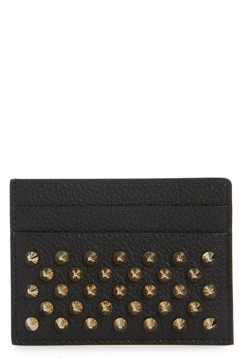 Empire Spikes Calfskin Leather Card Case, Main, color, BLACK/ GOLD