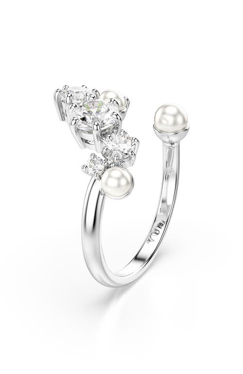 Swarovski Crystal Cultivated Pearl Round Cuts Statement Ring In White Gold