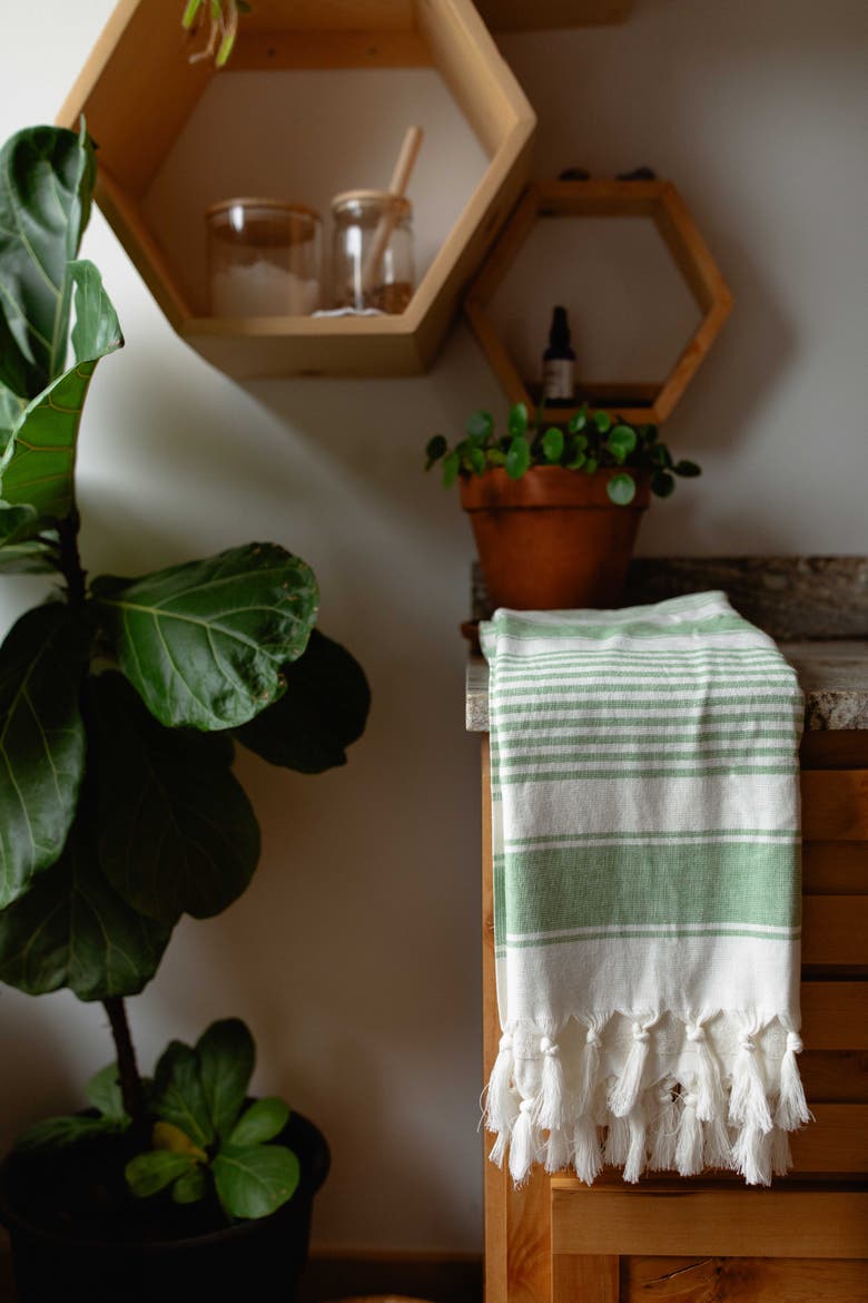 Sauna Stripe Organic Terry Cloth Lined Turkish Towel, Alternate, color, Olive
