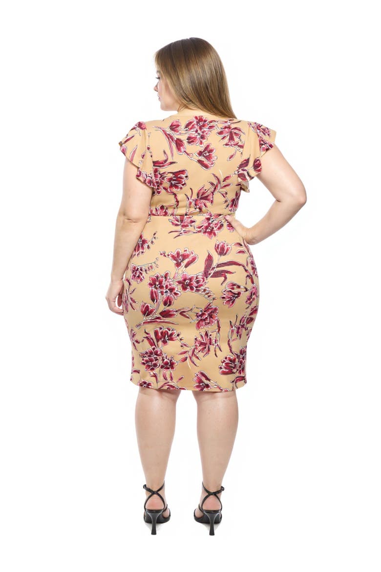 Curvy Essential Flutter Sleeve Faux Wrap Knee Length Dress, Alternate, color, Beige Multi